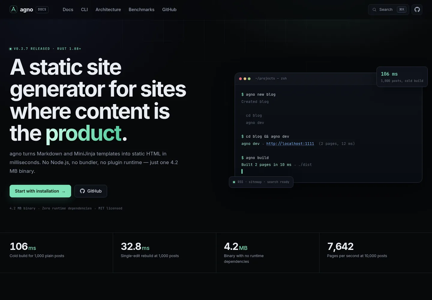 The agno documentation site: a dark page with the headline 'A static site generator for sites where content is the product', a terminal showing agno build, and benchmark figures.